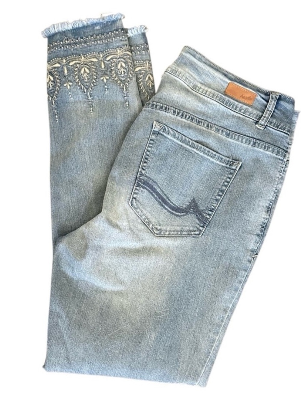 Angels Light Wash Blue Skinny Jeans Embroidered Hem 5-Pocket Women’s 14